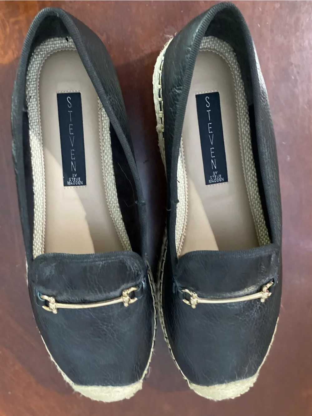Steve Madden Black Leather Espadrille Loafers with Jute Trim